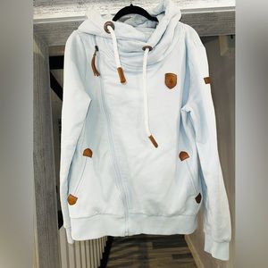 Wanakom Light Powder Blue Hoodie Sweatshirt Leather Accents Size Large!